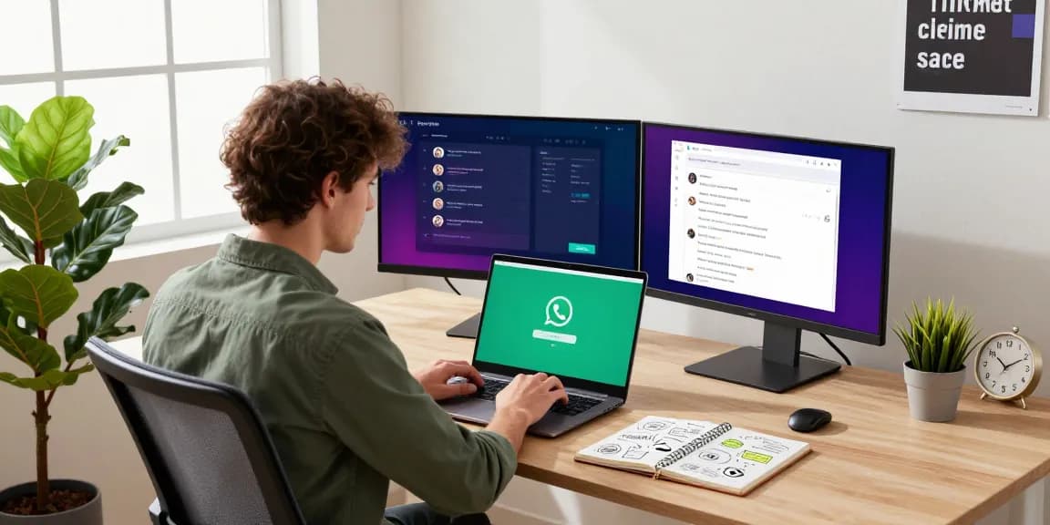 Focused individual at a modern tech workspace using WhatsApp下載 on a sleek laptop with vibrant chat interface.