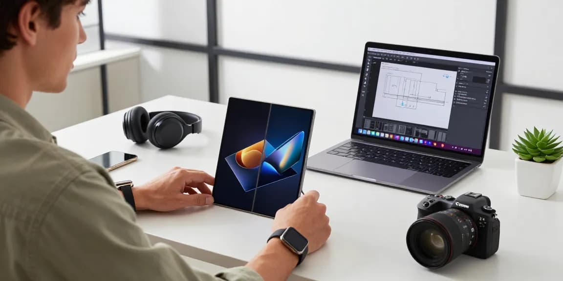 Innovative workspace with the Samsung Galaxy Z TriFold open, highlighting its unique triple-screen design in a modern office setting.