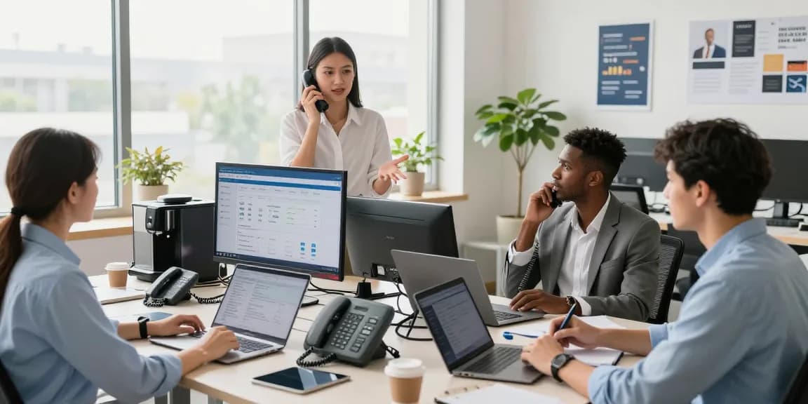 Team discussing office phone systems in a modern workspace with digital displays.
