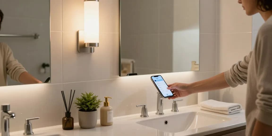 Aplica baie modernă cu iluminare LED, creând o atmosferă relaxantă în baie.