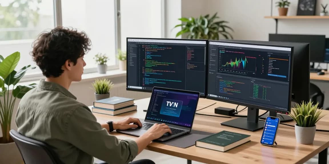 快连 VPN 开发者在现代工作空间中利用双显示器优化网络连接。