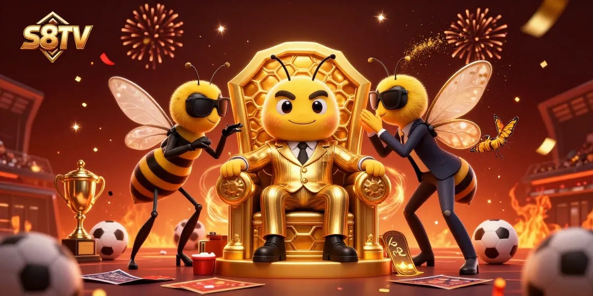 S8TV showcases a vibrant sports betting scene featuring a bumblebee mob boss surrounded by sports elements.