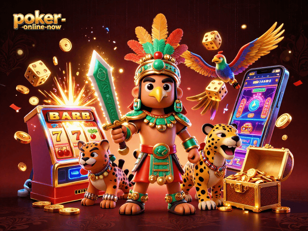 Experience the thrill of poker-online-now with vibrant, energetic casino elements and characters.