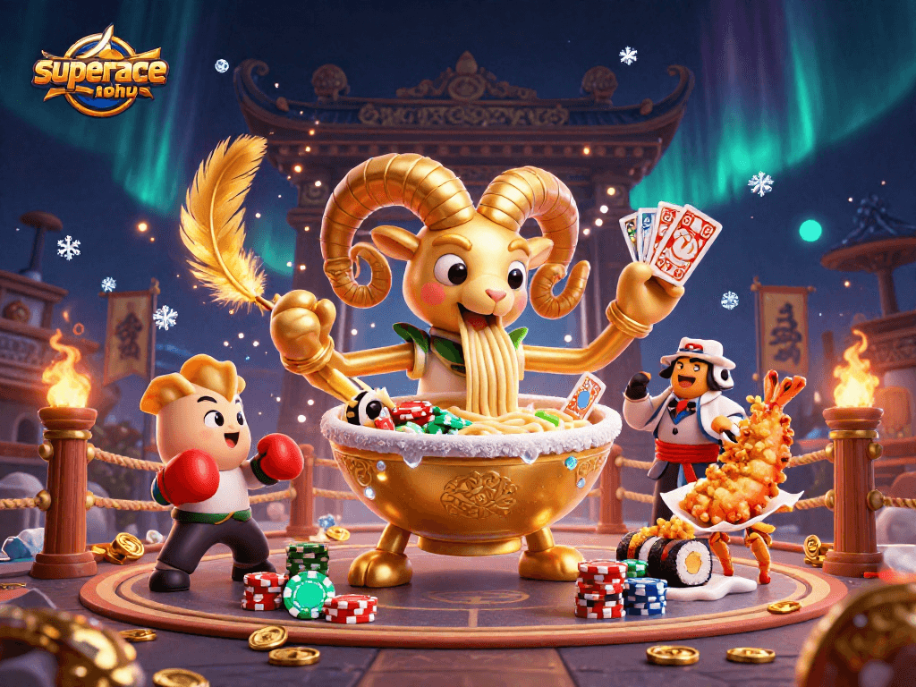 Engage with superace-nohu's thrilling dynamics featuring lively characters and rich casino elements in this vibrant illustration.