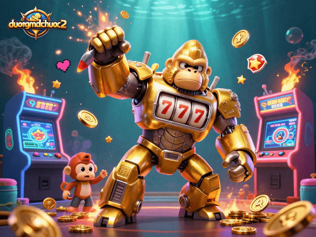 Experience thrilling gameplay in duongmatchuoc2 with golden gorilla mech and dynamic gaming elements.