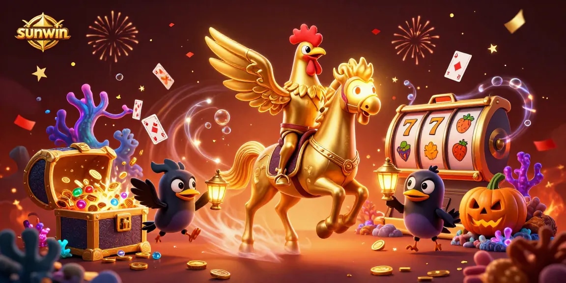 Win big with sunwin's vibrant casino scene featuring a golden rooster and treasure galore!