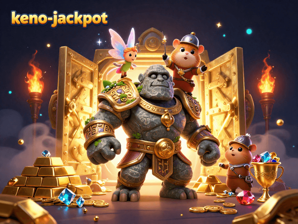 Engage in keno-jackpot excitement with the mystical golem, fairy, and hamster knight surrounded by treasures.