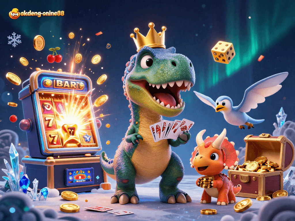 Join the fun at pokdeng-online88 with T-Rex shuffling cards, chips, and jackpot explosions!