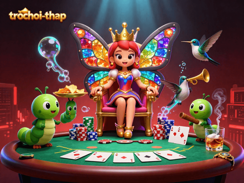 Engage in the trochoi-thap adventure with a butterfly queen and her vibrant game elements in a thrilling casino scene.