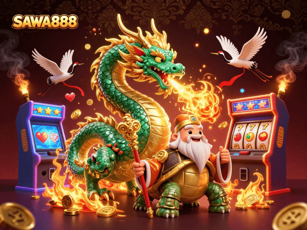 Engage with SAWA888's dynamic gaming universe featuring a dragon and lucky symbols.