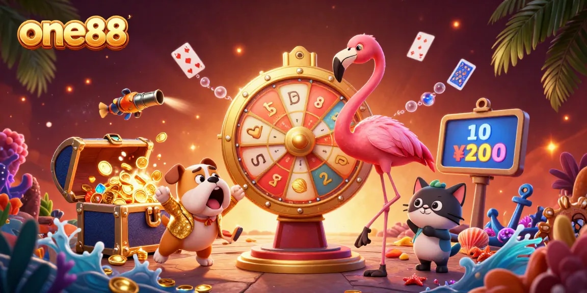 Spin to win at one88 with vibrant characters in an exciting casino-themed scene!
