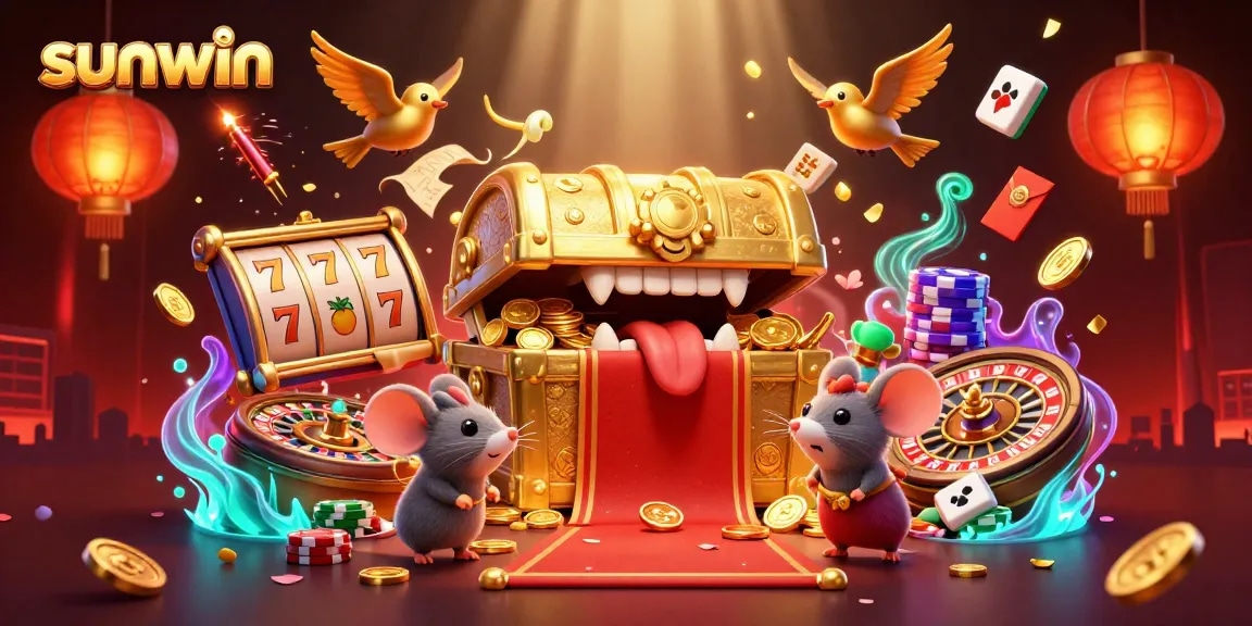 Engage with sunwin's vibrant slot experience, featuring a golden treasure chest and dynamic casino elements.