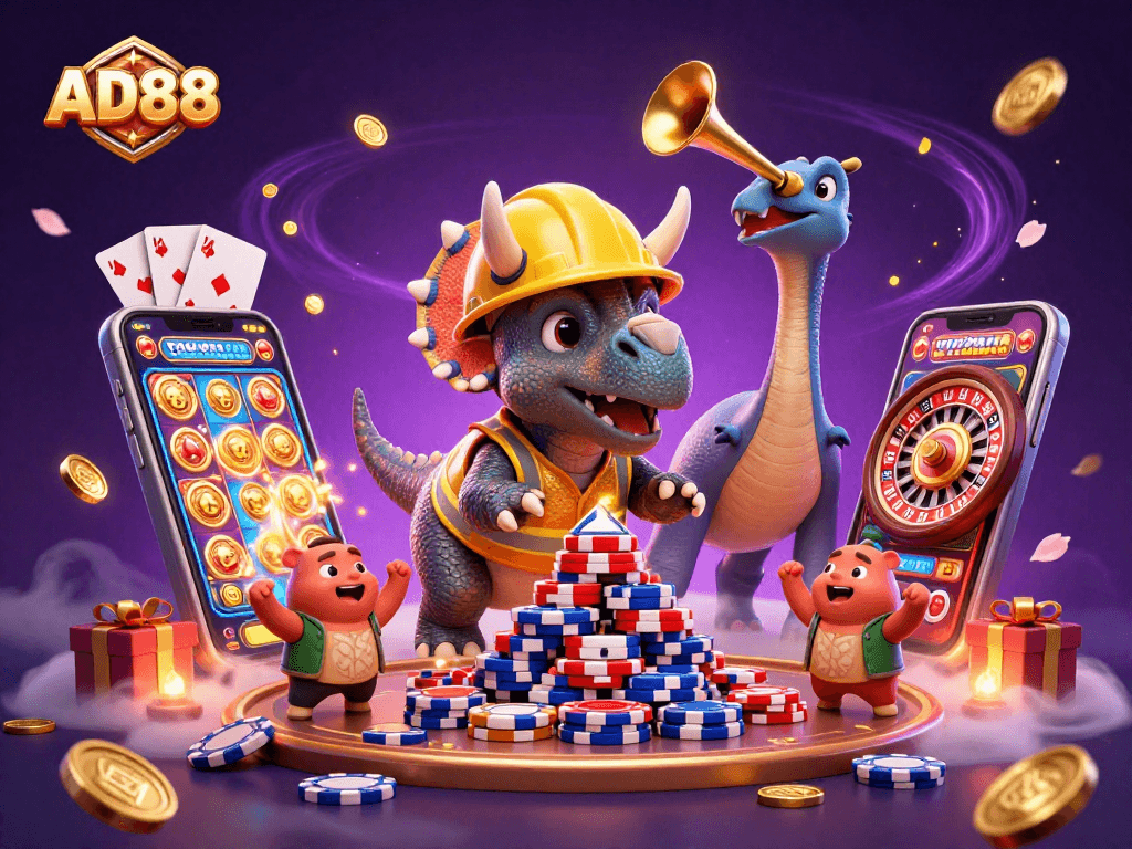 Join AD88 for thrilling gambling adventures and slot game excitement amidst a vibrant 3D casino celebration.