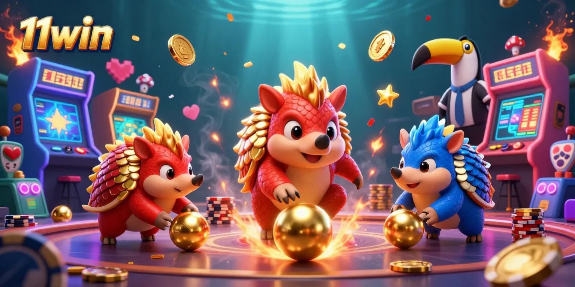 11win pangolins compete in a vibrant digital casino scene filled with gaming elements