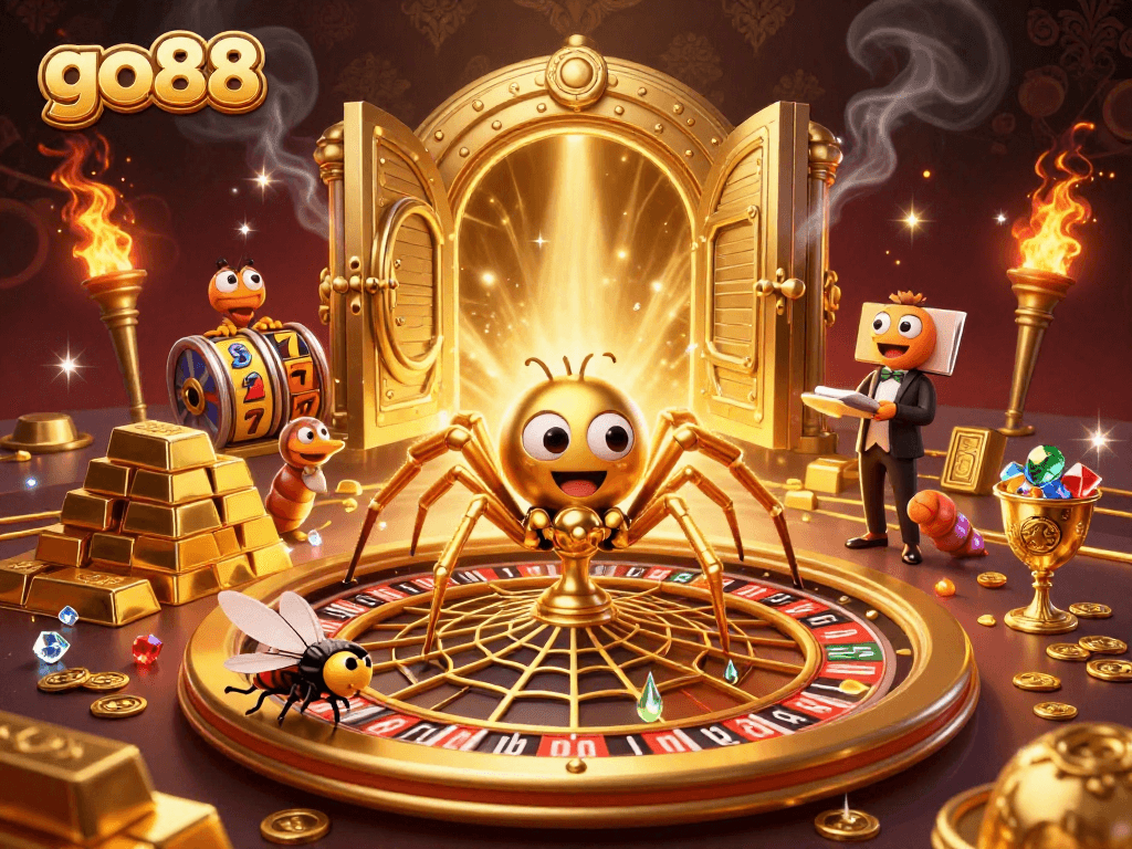 Engage with the vibrant go88 scene showcasing lively characters amidst luxurious casino elements.