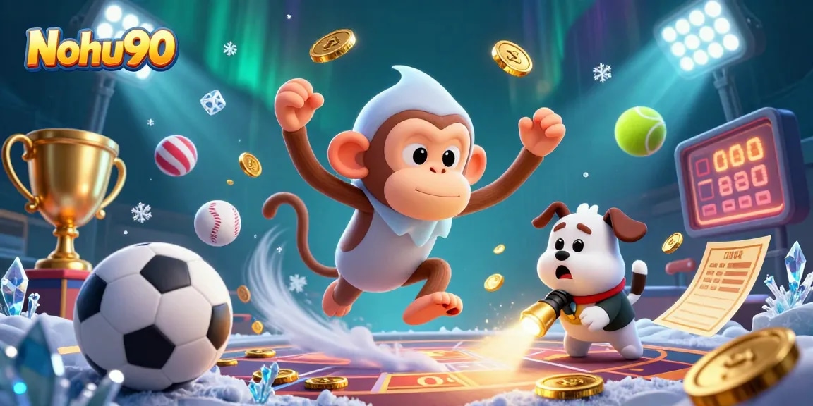 Nohu90 invites players to experience a thrilling casino atmosphere with a playful monkey juggling golden coins.