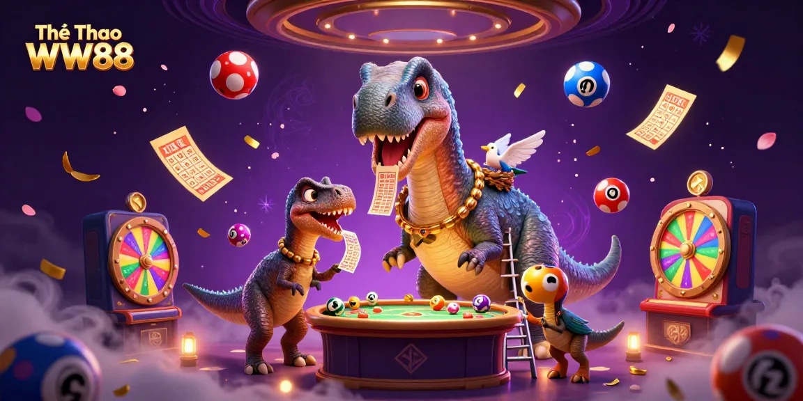 Experience the excitement of Thể Thao WW88 with vibrant sports elements and engaging casino characters.