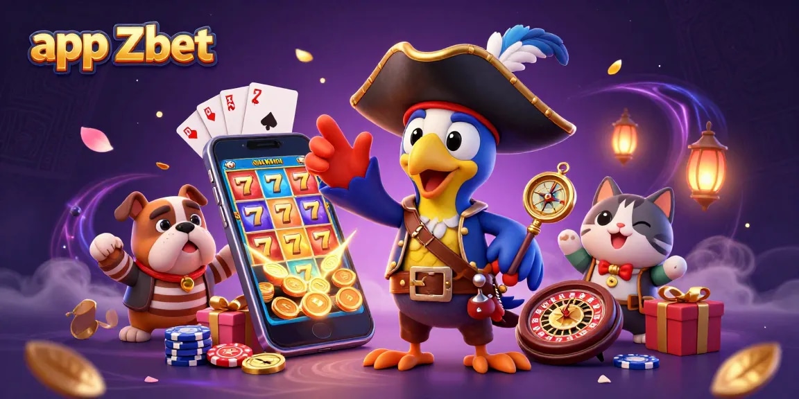 Engage in thrilling gameplay with the app Zbet, featuring dynamic characters and colorful casino elements.