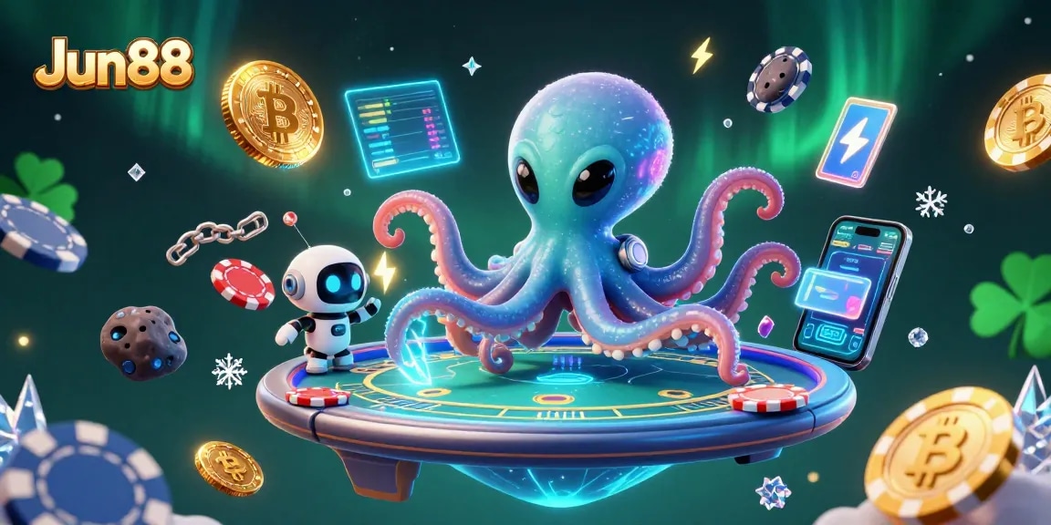 Engage with Jun88's thrilling casino games featuring an alien octopus at a holographic poker table.
