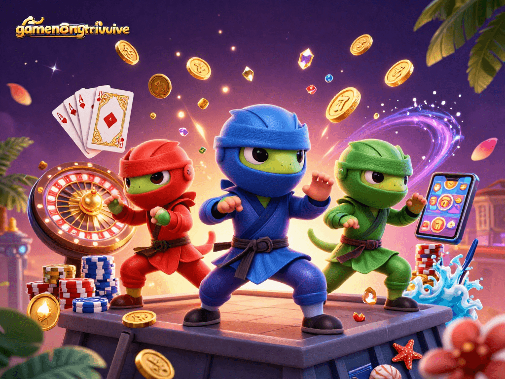 Experience vibrant action with gamenongtraivuive as ninja chameleons celebrate in a casino scene.