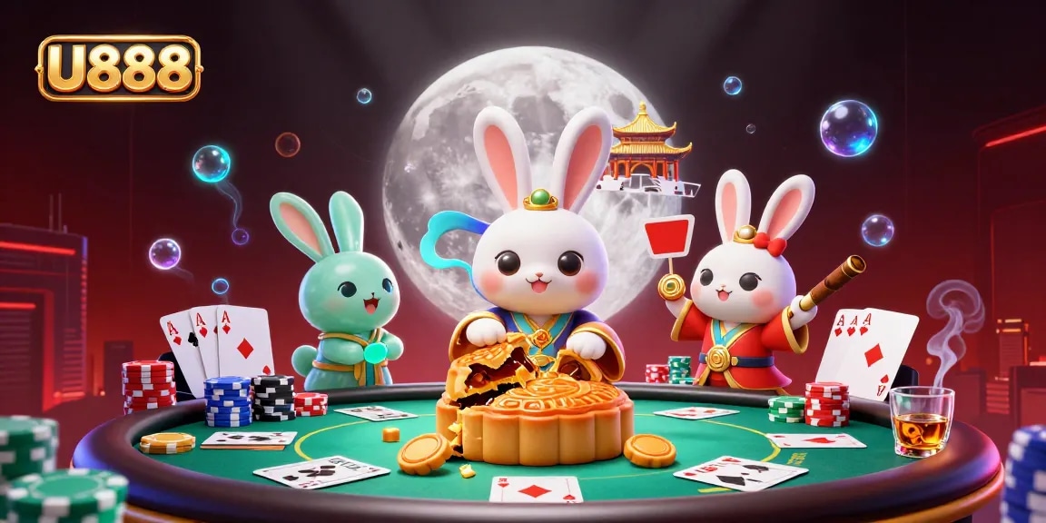 Experience U888's thrilling gambling scene with a vibrant moon rabbit illustrating poker chips and casino elements.