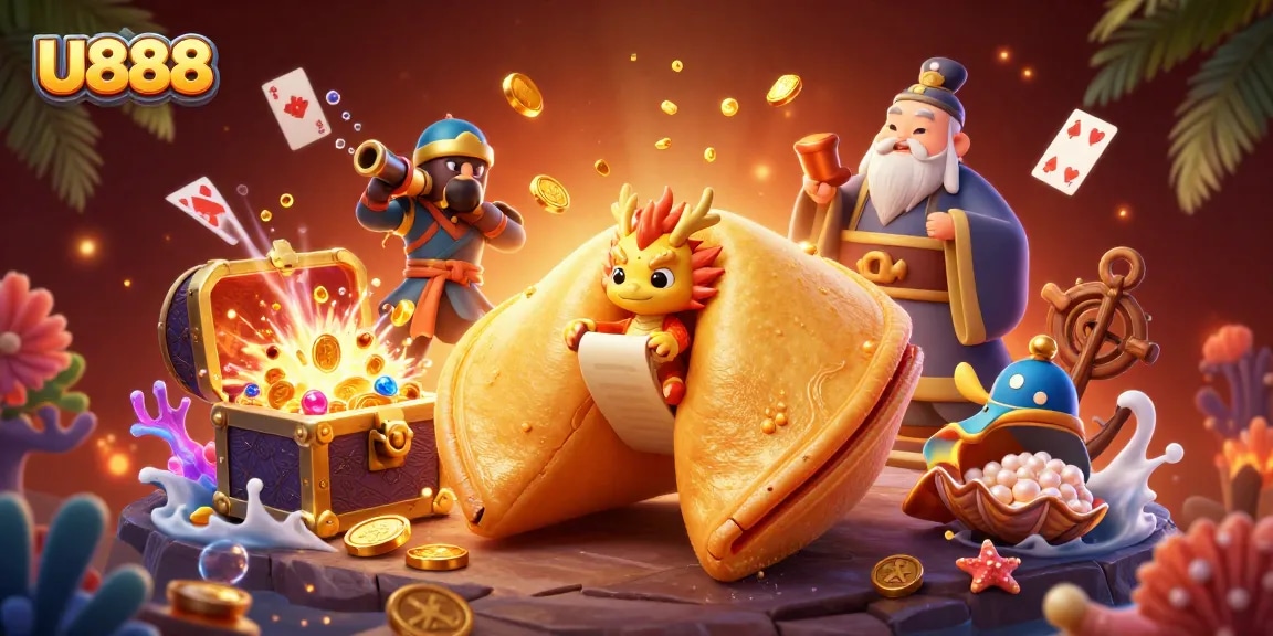 Win big with U888 in this vibrant 3D casino scene featuring treasure, games, and fortune.
