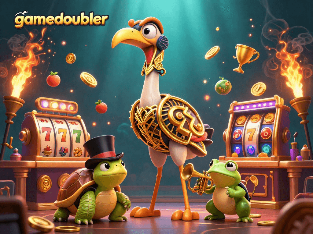 Experience the excitement of gamedoubler with slot reels, rewards, and vibrant characters in an engaging scene.