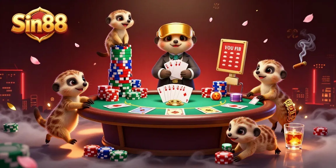 Sin88 meerkats hosting a vibrant casino scene with poker elements and rich decorations.