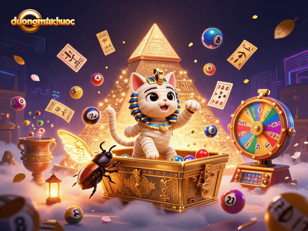Win big with duongmatchuoc as the Egyptian mummy cat bursts from a sarcophagus in a vibrant casino setting.