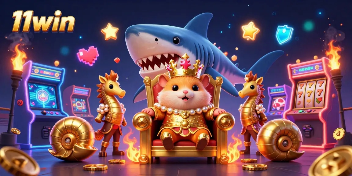 Engage with 11win for epic gaming vibes featuring a golden hamster king ruling over a colorful casino aventure