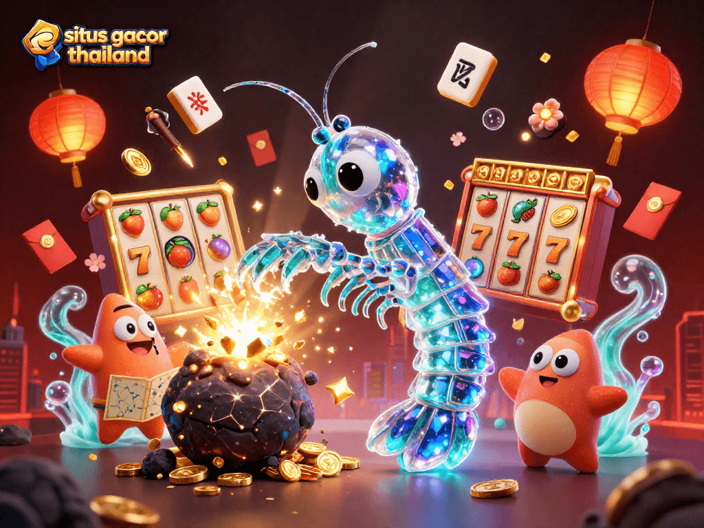 Situs gacor thailand features 3D samurai mantis shrimp battling asteroids, surrounded by vibrant casino graphics.