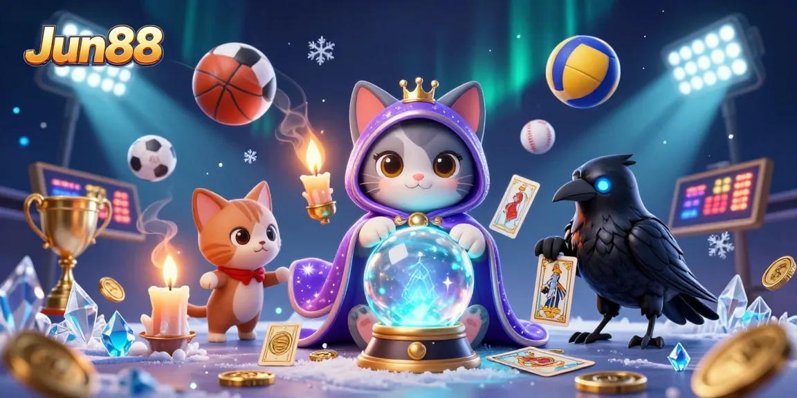 Engage with Jun88's colorful gambling world through this vibrant 3D illustration, combining fortune telling and dynamic sports betting.