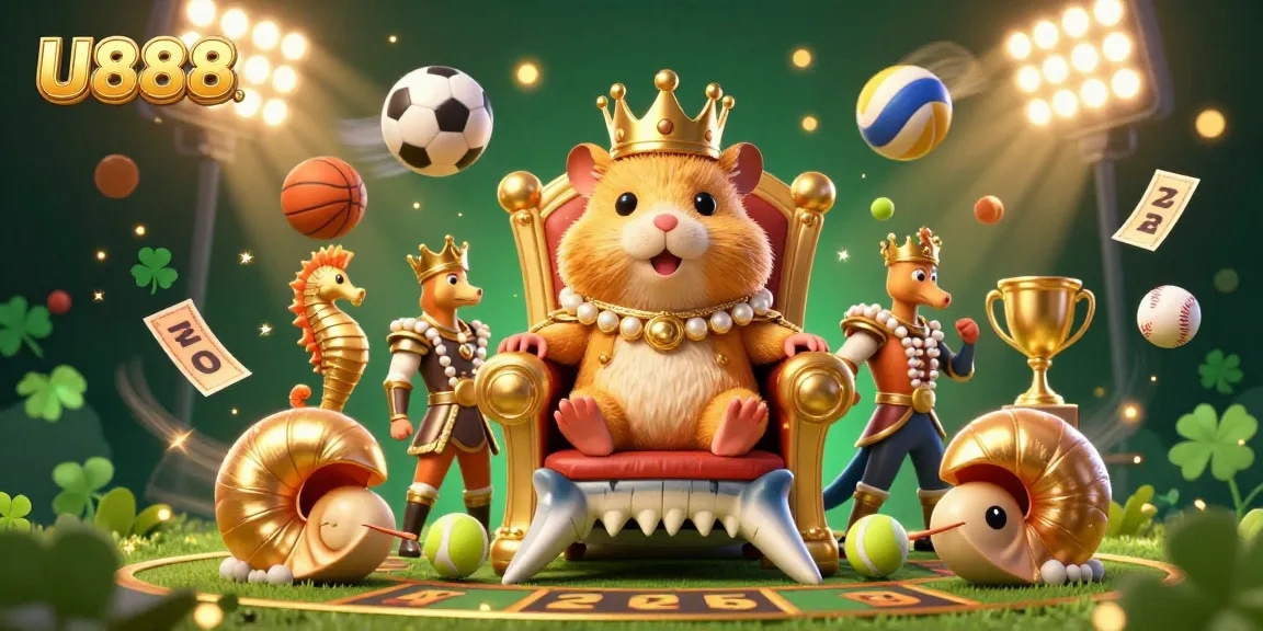 U888 offers an exhilarating sports betting experience with a playful illustration of a hamster king, golden trophies, and dynamic game elements.