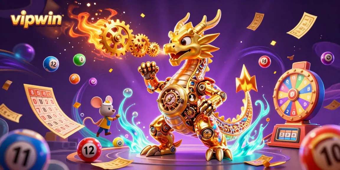 Experience the excitement of vipwin with a golden dragon and dynamic lottery elements in this vibrant casino illustration.