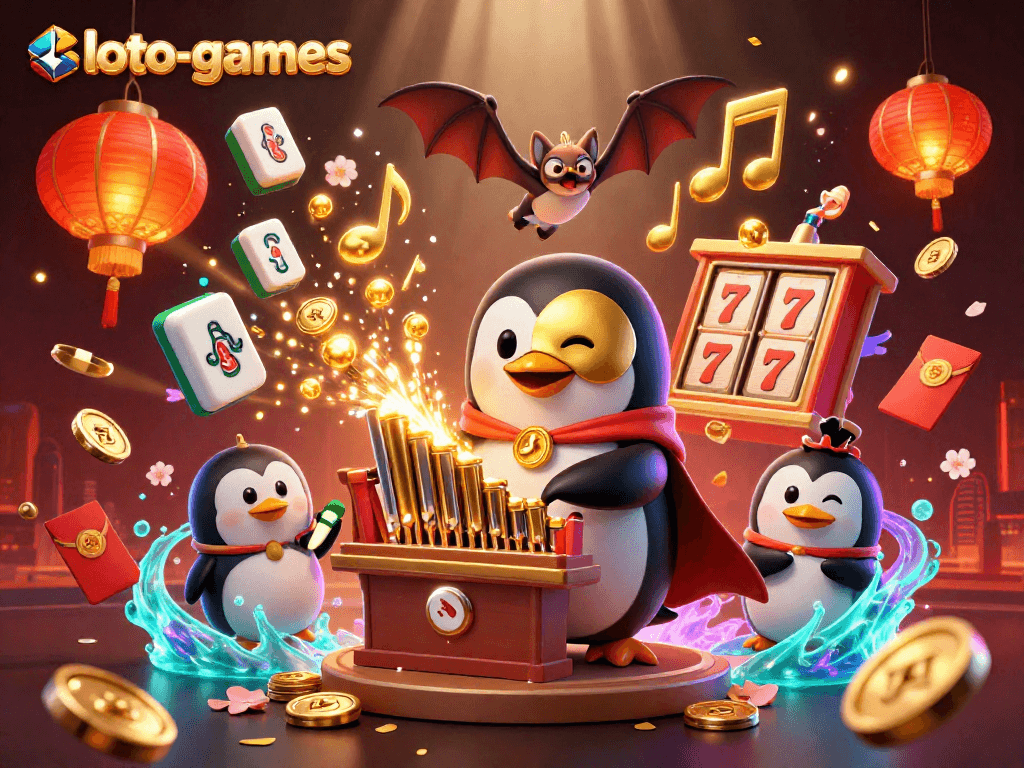 Loto-games presents an engaging scene with a phantom opera penguin playing a golden pipe organ surrounded by casino-themed elements.