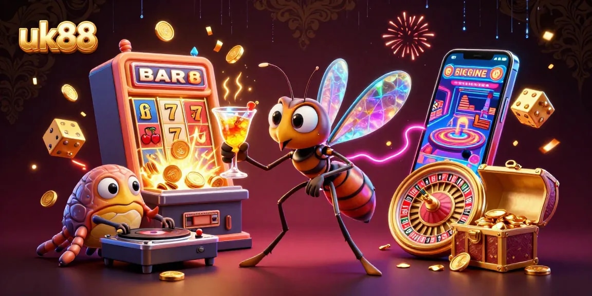 Engage in thrilling gameplay with uk88's lively casino mascot amidst festive elements.