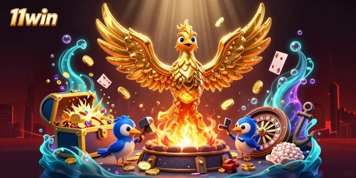 Experience the thrill of 11win with vibrant casino action featuring a molten golden phoenix in a rich 3D scene.