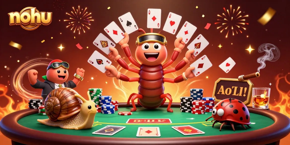 Nohus thrill at a vibrant casino scene with a millipede dealer showcasing cards and a snail high-roller amidst chips.