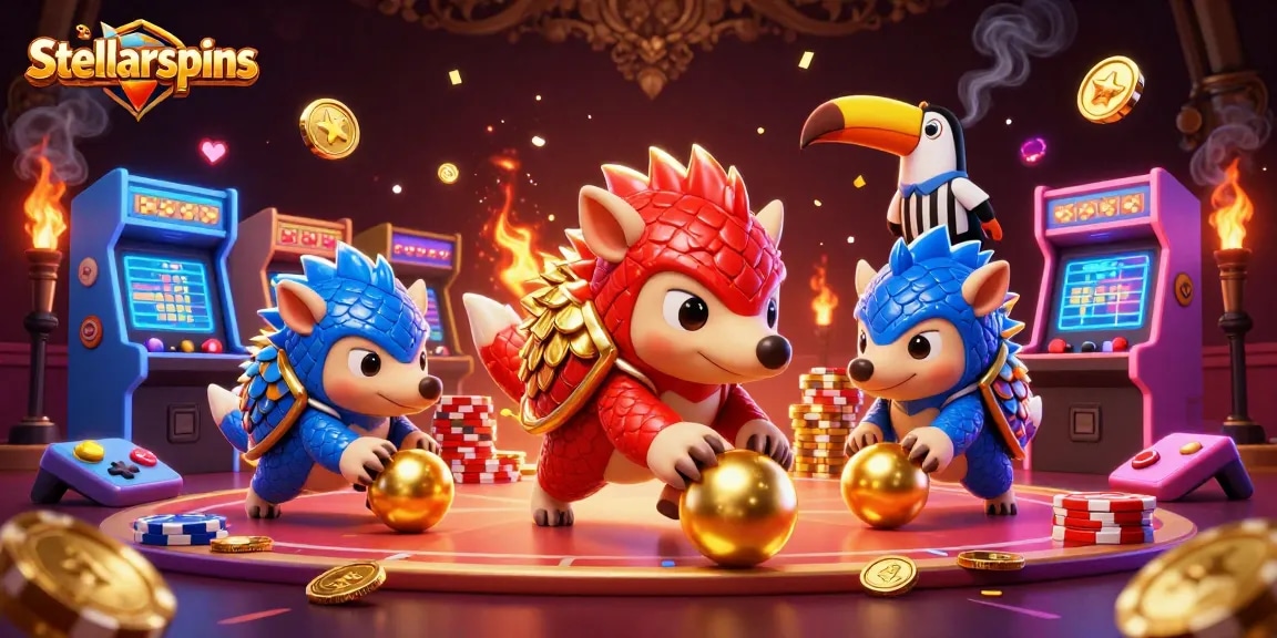 Compete in stellarspins with rival pangolins bowling through poker chips in a vibrant casino.