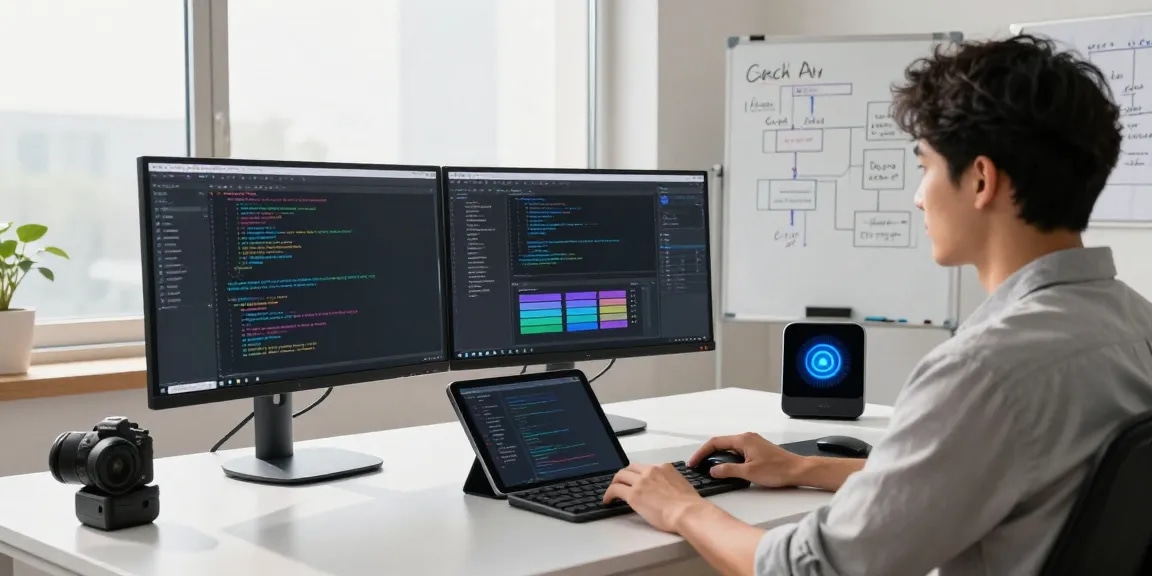 Developer building internal tools with AI in a tech workspace, featuring multiple monitors and collaborative elements.