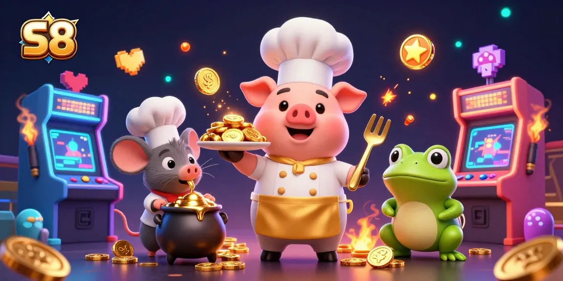 S8 promotes thrilling casino gaming with a chef pig serving gold coins deliciously.