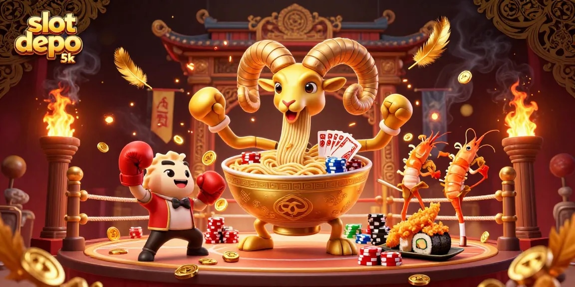 Experience winning with slot depo 5k in a vibrant casino scene full of characters and game elements.
