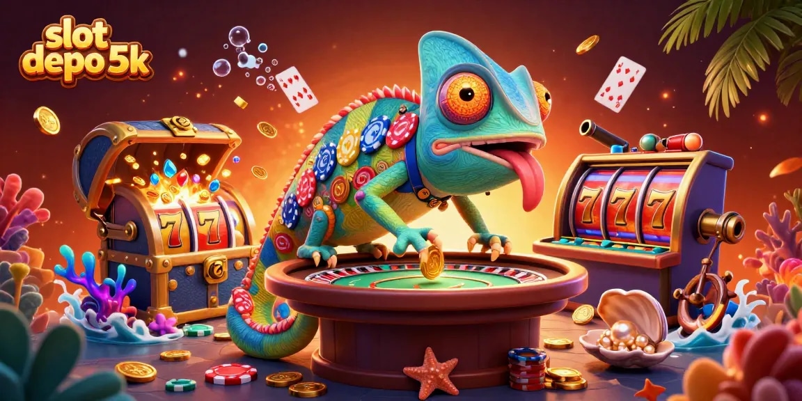 Experience the excitement of slot depo 5k with vibrant gaming elements and a dynamic casino owner chameleon illustration.