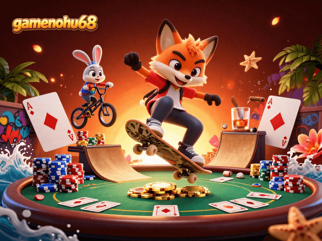 Join gamenohu68 for an exciting scene of a fox and rabbit performing tricks over casino-themed elements.