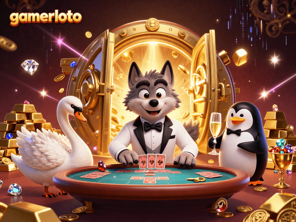 gamerloto presents an exciting casino scene with a debonair wolf and glamorous entertainers.