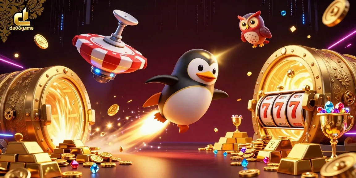 Join the da88game adventure with thrilling casino fun as the golden penguin blasts through space!