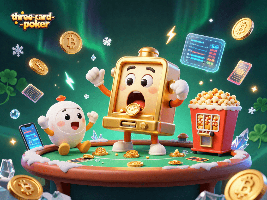 Experience thrilling gameplay with three-card-poker as explosive coins burst from a golden slot machine.