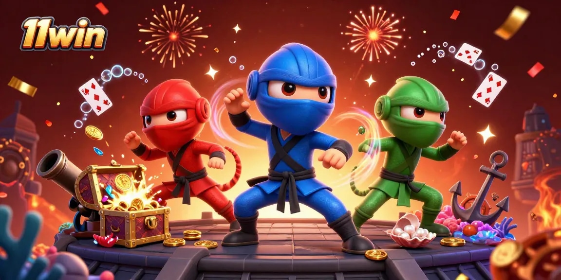 Engage with 11win through a vibrant scene featuring 3D cartoon ninja chameleons and casino elements.