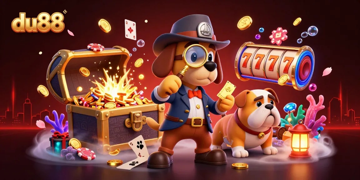 Engage with du88's thrilling casino action through a 3D illustration of a detective and clues.