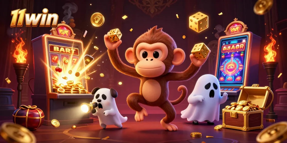 11win showcases an enchanting scene with a playful ghost-hunter puppy tracking a poltergeist monkey in a vibrant casino.
